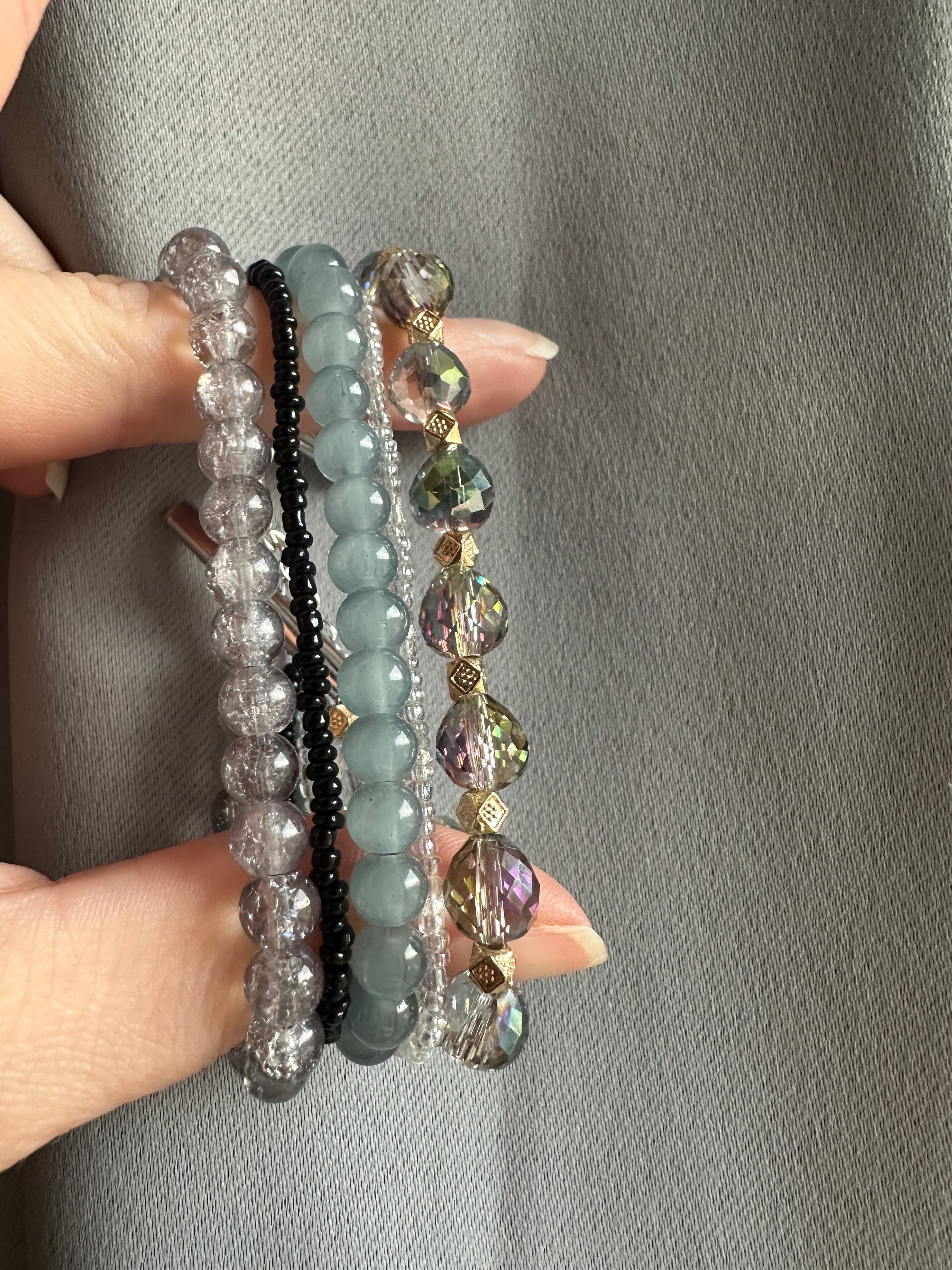 Woman’s Fashion Stackable Bracelets on sliding clasps, fashion statement, Neutral tone glass beads, Crystal beads