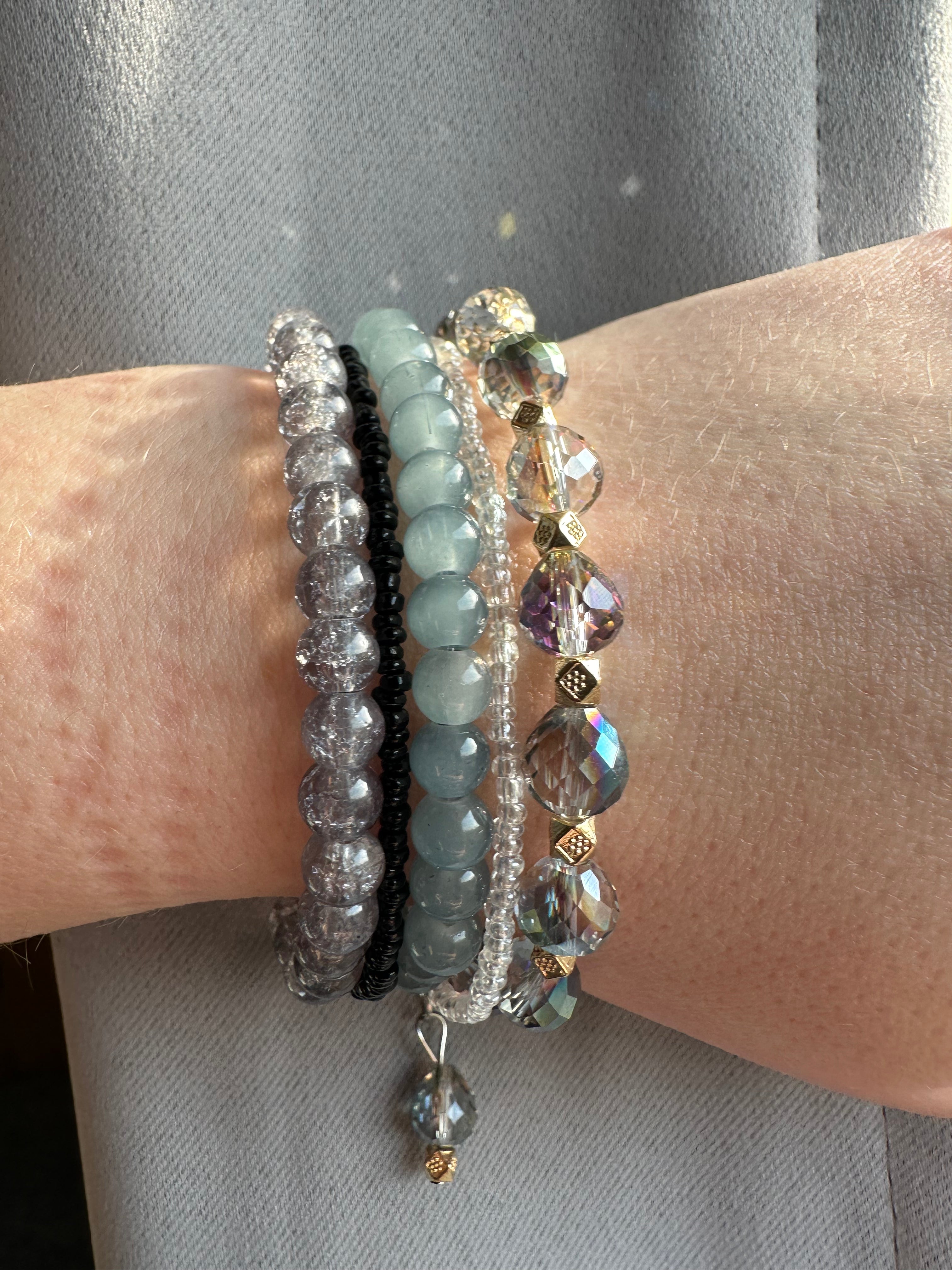 Woman’s Fashion Stackable Bracelets on sliding clasps, fashion statement, Neutral tone glass beads, Crystal beads