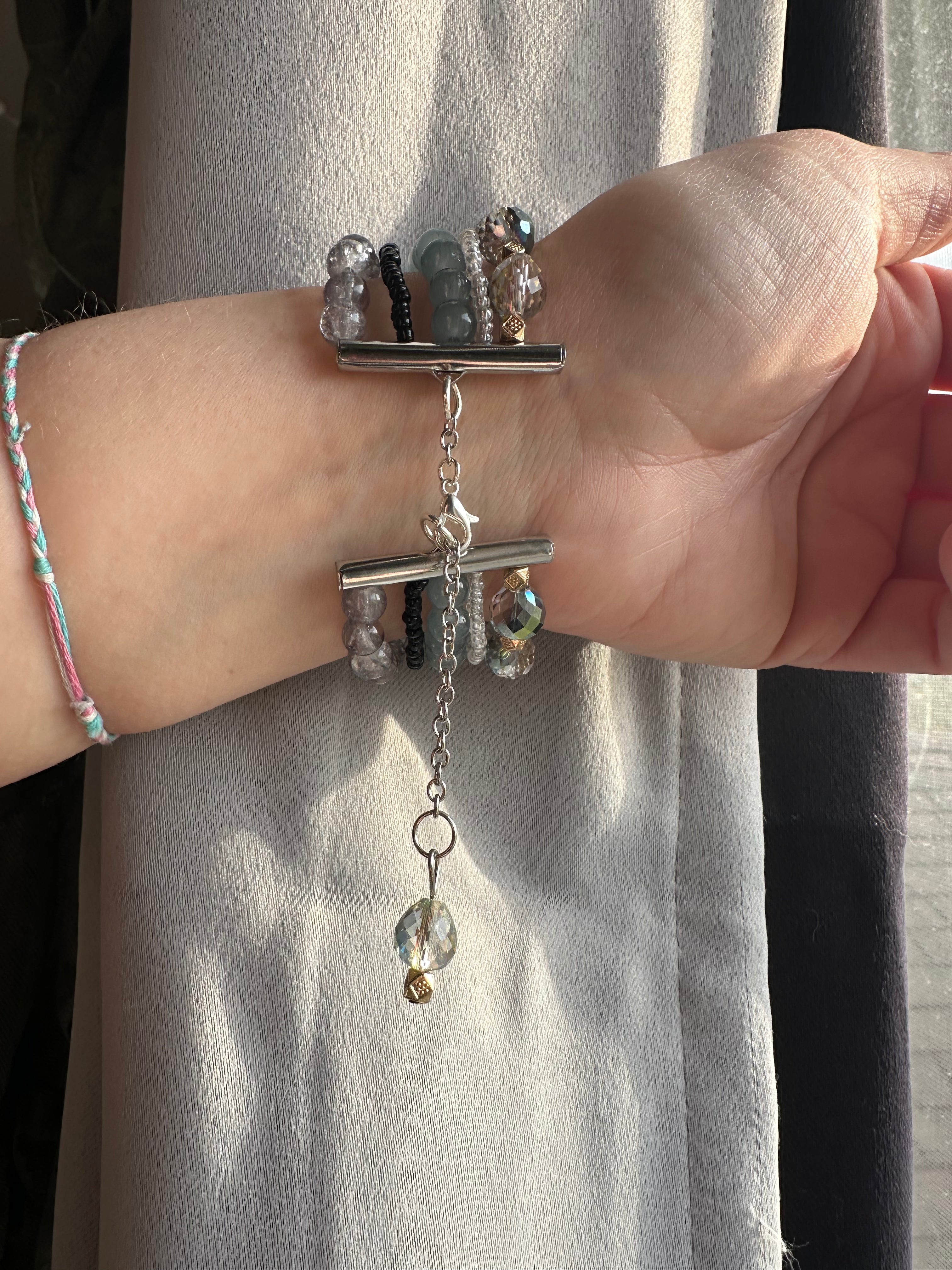 Woman’s Fashion Stackable Bracelets on sliding clasps, fashion statement, Neutral tone glass beads, Crystal beads