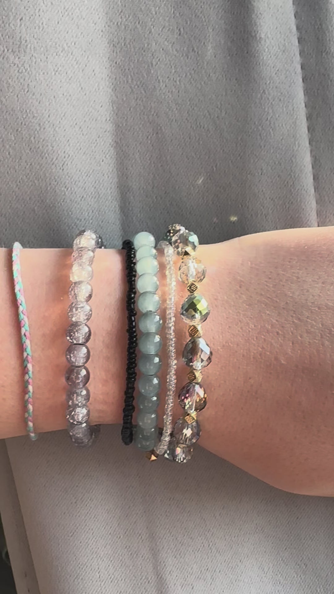 Woman’s Fashion Stackable Bracelets on sliding clasps, fashion statement, Neutral tone glass beads, Crystal beads